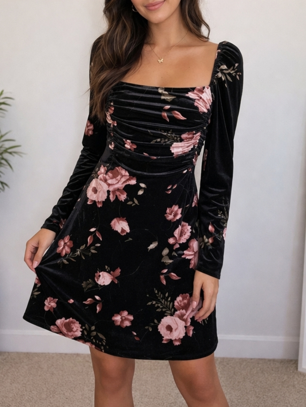 Good Luck Gem Black & Pink Floral Long Sleeve Dress – Size Large